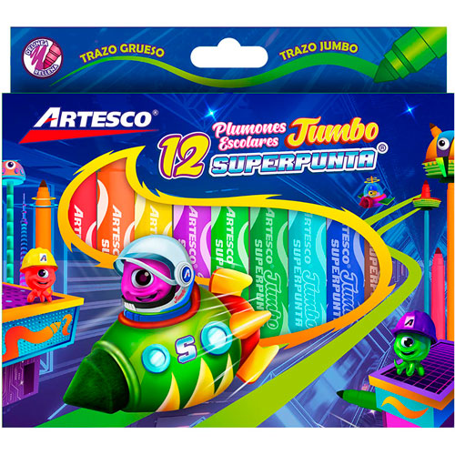 Foto de Marcador Escolar Artesco Superpunta Jumbo Con 12 Surtido 