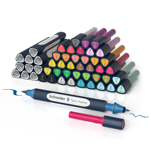 Schneider 040 Paint-It Twinmarker Set V2 (Brush Tip & 1,0 mm Rundspitze, farbintensive Tinte auf Wasserbasis, für die Anwendung auf Papier, Stifte aus 92% recyceltem Kunststoff) 27 Teile, mehrfarbig
