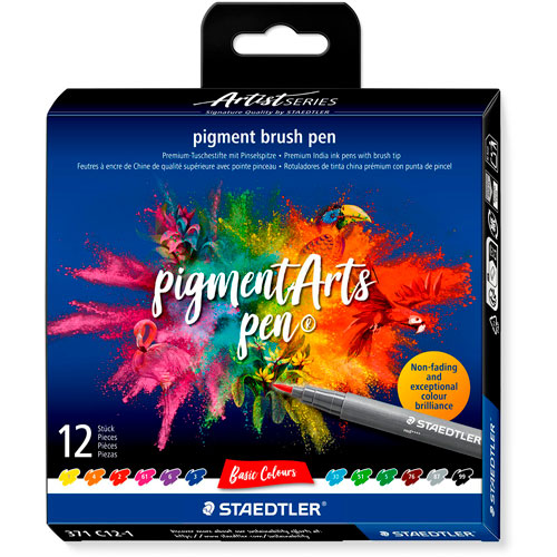Foto de Marcadores Staedtler Pigment Punta Pincel Con 12 Colores Basicos 