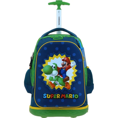 Foto de Mochila Escolar Chenson Mario Bros Y Yoshi Con Ruedas Azul 