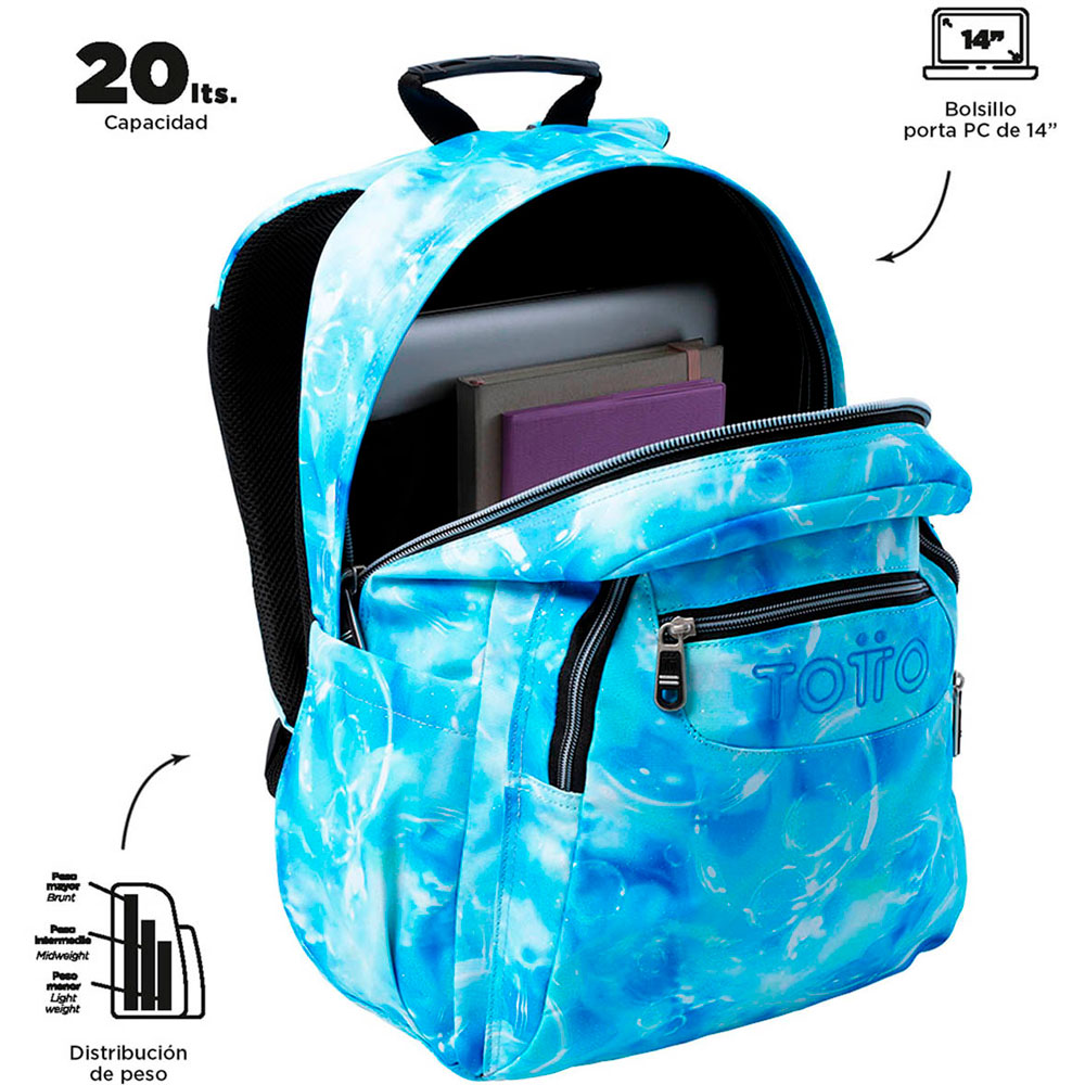 TOTTO Zaino Scuola Adattabile A Carrello Acquerels Baski – 20 Litri, In Tela Riciclata RPET, Porta PC 14", Ergonomico