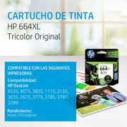 Foto de CARTUCHO DE TINTA HP 664XL TRICOLOR ORIGINAL (F6V30AL) 