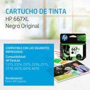 Foto de CARTUCHO DE TINTA HP 667XL NEGRA ORIGINAL (3YM81AL) 
