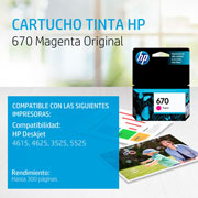 Foto de CARTUCHO DE TINTA HP 670 MAGENTA ORIGINAL (CZ115AL) 